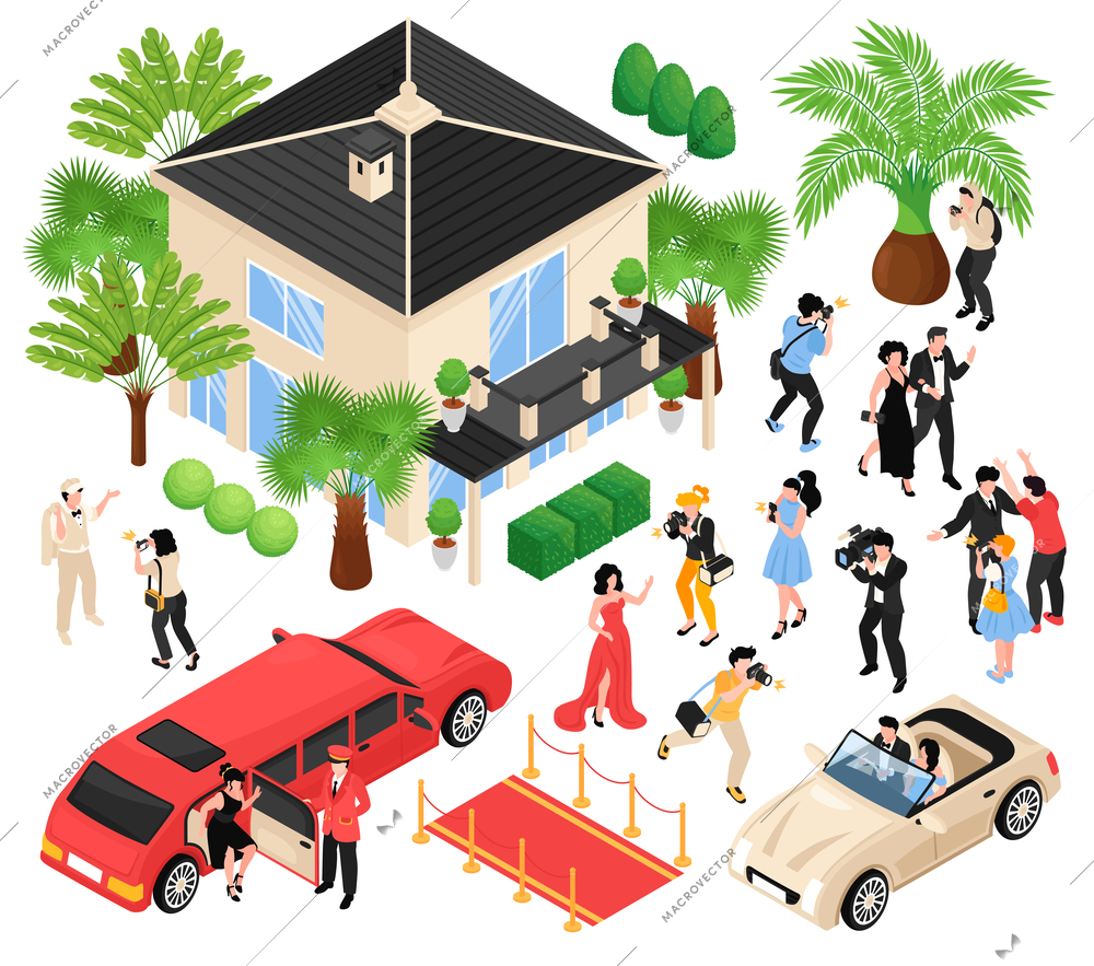 Celebrities isometric set of red carpet limousine paparazzi media faces isolated vector illustration