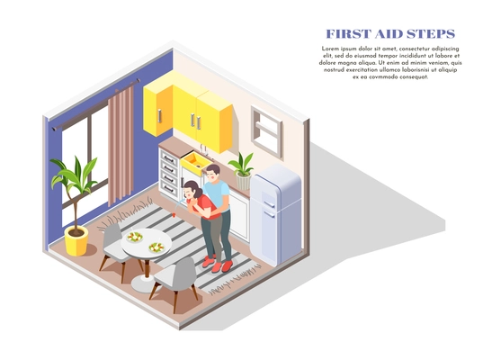 First aid steps by chocking isometric composition with man giving woman abdominal squeezes in kitchen vector illustration