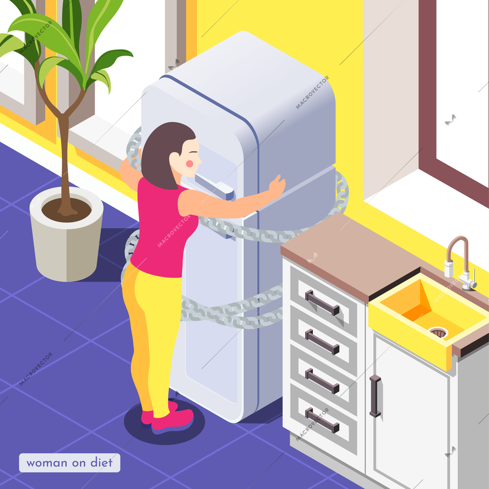 Woman on diet isometric background composition with kitchen interior and female character chaining the fridge up vector illustration