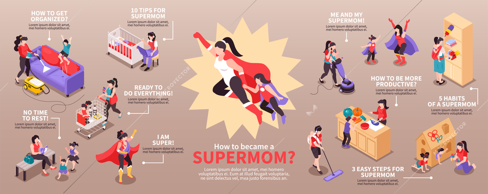 Isometric Super Mom Infographics Scenes Mother Vector Illustration