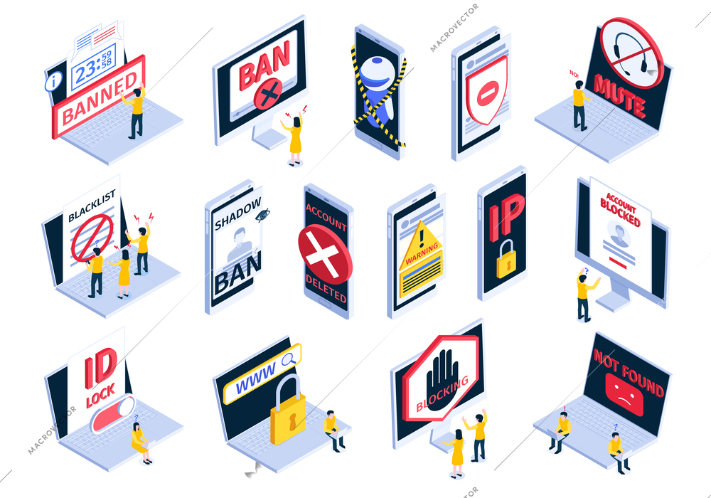 Isometric internet blocking banned website icon set with account blocked not found shadow ban blacklist id lock descriptions vector illustration