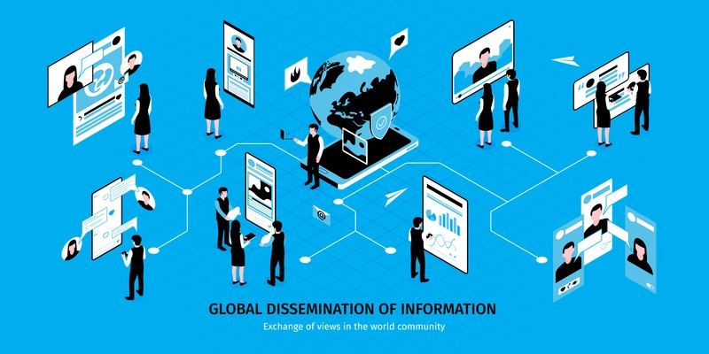 Isometric social media horizontal concept with global dissemination of information exchange of views in the world community descriptions vector illustration