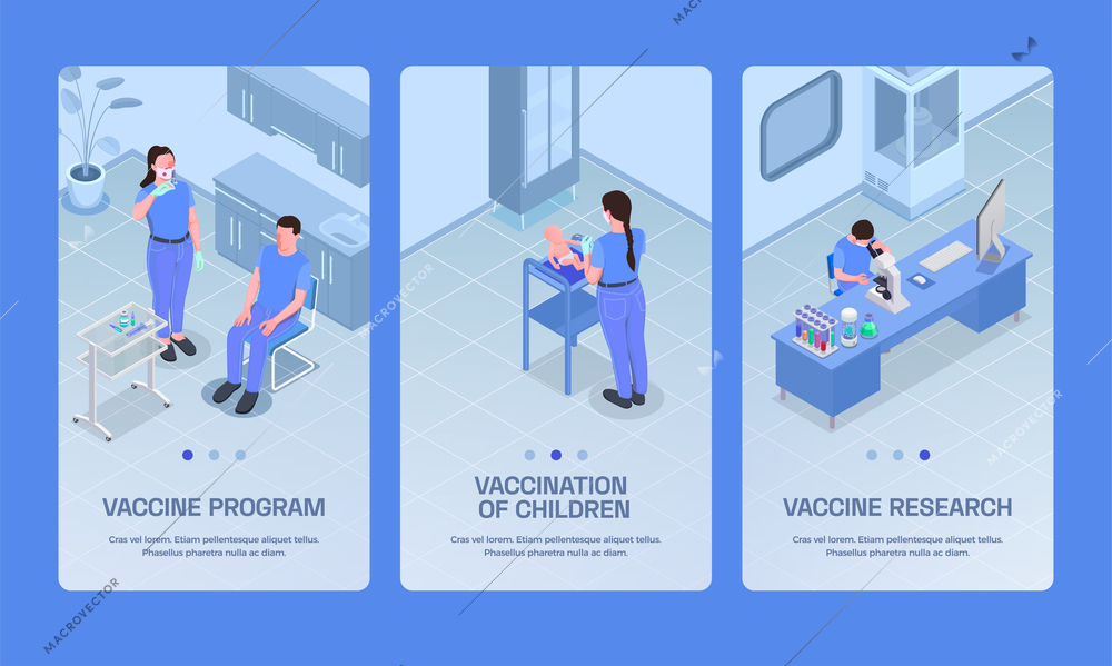 Vaccination isometric set of three vertical banners with text page buttons and images of clinic procedures vector illustration