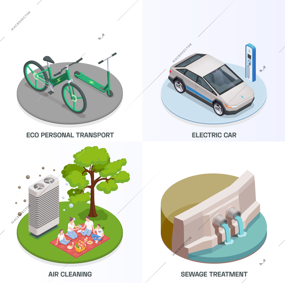 Eco friendly technology isometric 2x2 design concept with images of electric vehicles infrastructure with text captions vector illustration