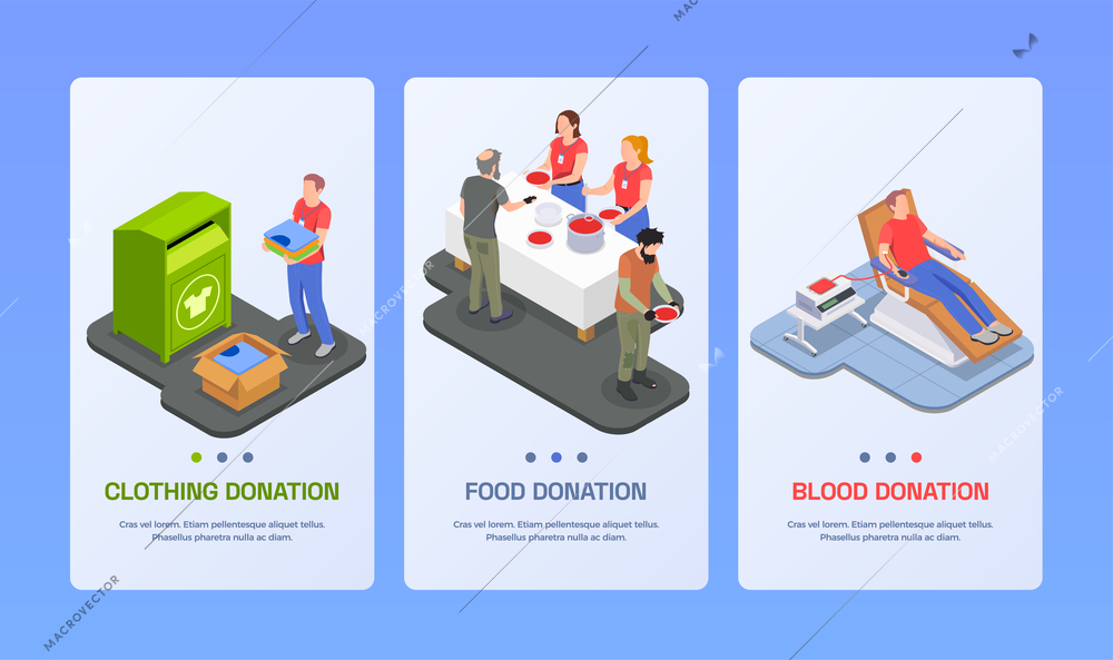 Charity donation volunteering isometric set of vertical banners with volunteer characters editable text and page buttons vector illustration