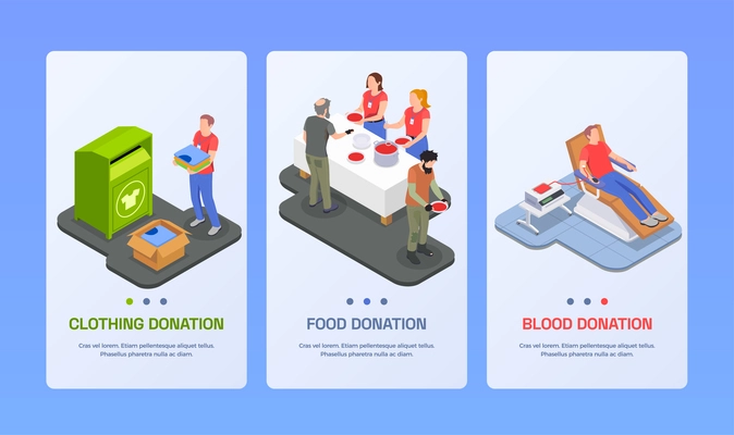 Charity donation volunteering isometric set of vertical banners with volunteer characters editable text and page buttons vector illustration