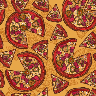 Hot delicious tasty meat cheese olive pepper sketch pizza seamless pattern vector illustration.