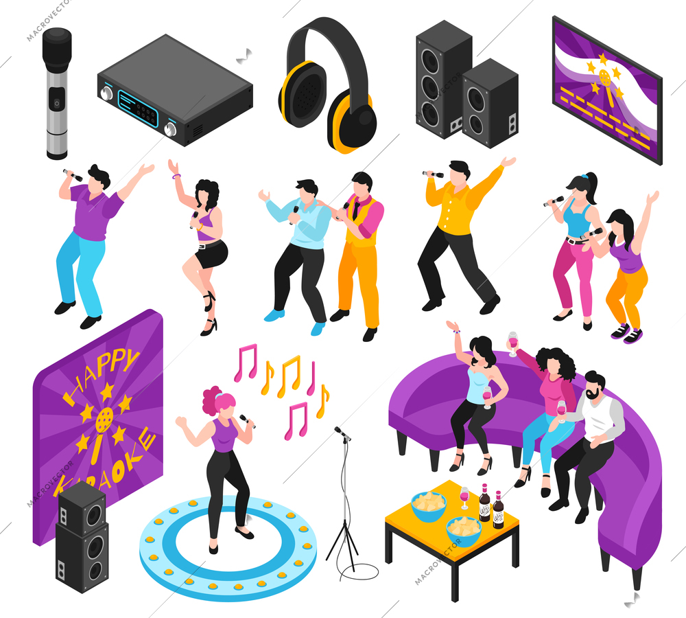 Karaoke party interactive entertainment isometric set with people singing along recorded music  loudspeakers video screen vector illustration