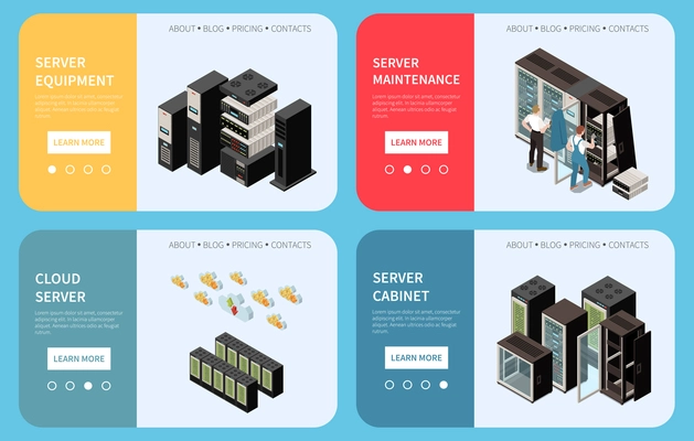 Datacenter isometric colored banner set with server equipment server maintenance cloud headlines vector illustration