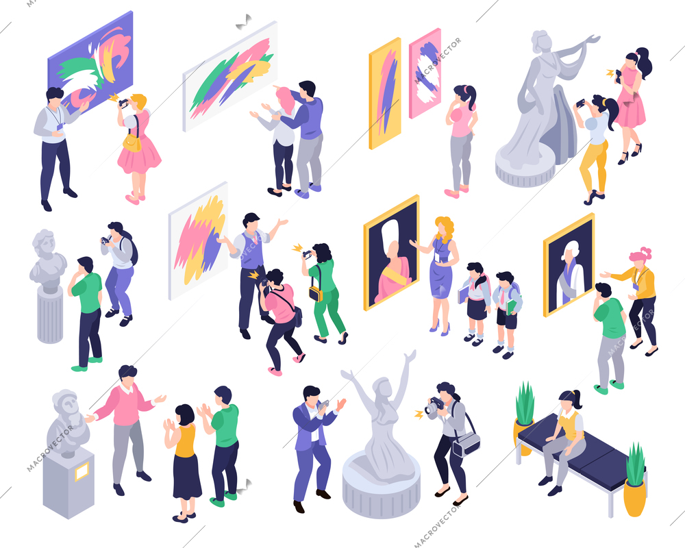 Isometric exhibition art gallery set with isolated icons and images of paintings statues with artist curator vector illustration