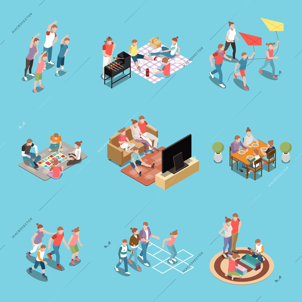 Family leisure activities playing isometric people icon set with sports games walking watching tv vector illustration
