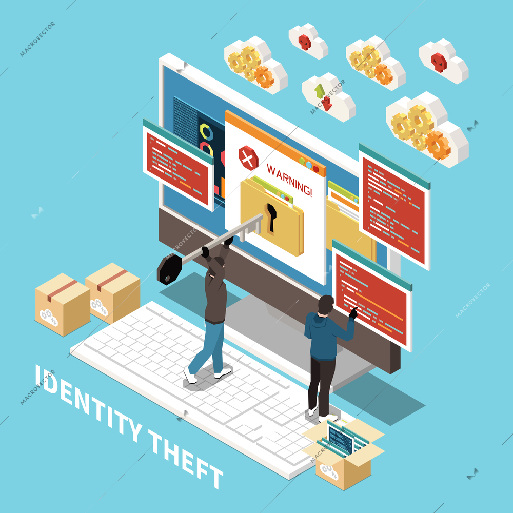 Isometric hacker fishing digital crime composition with identity theft description and abstract elements vector illustration