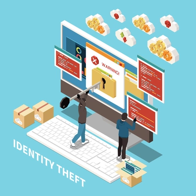 Isometric hacker fishing digital crime composition with identity theft description and abstract elements vector illustration