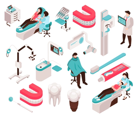 Isometric dantist dental center set with isolated medical equipment icons tooth implant images and human characters vector illustration