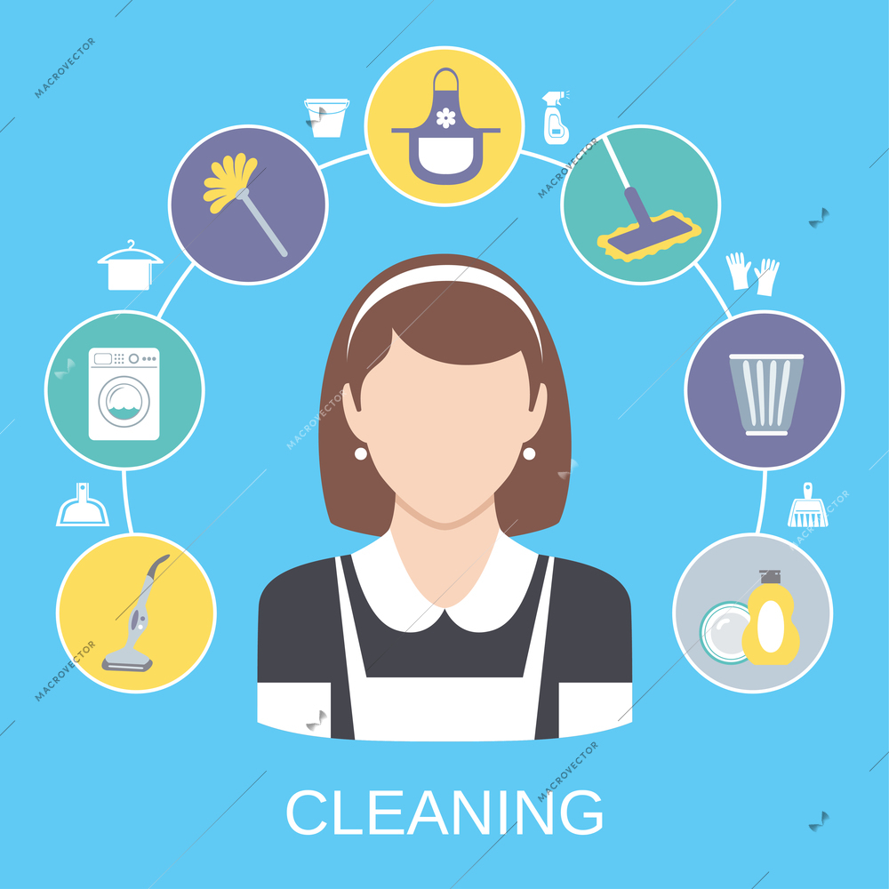 Cleaning household service maid icons composition with dish detergent vacuum cleaner abstract solid isolated vector illustration