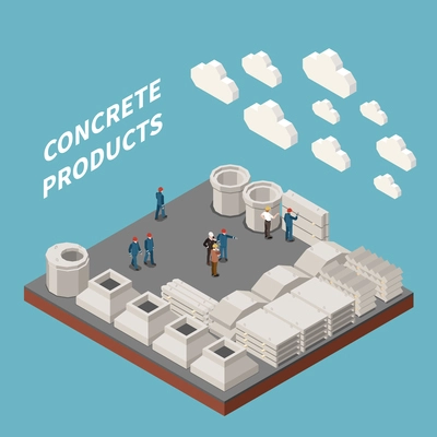 Concrete cement production isometric concept with concrete products headline equipment tools and workers at work vector illustration