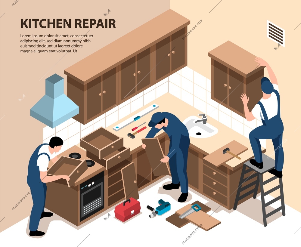 Isometric apartment repair in kitchen background composition of editable text and indoor view of finishing works vector illustration