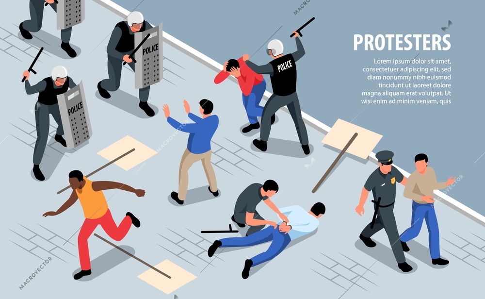 Isometric police horizontal background with composition of text and protesters characters with violent officers disrupting meeting vector illustration