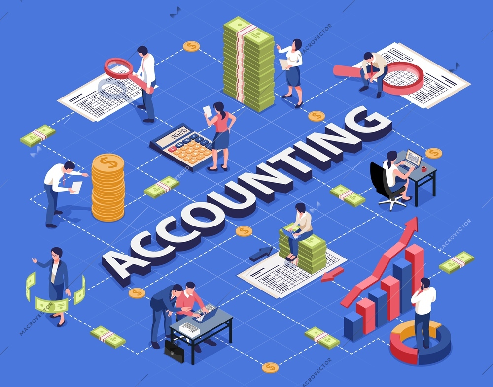 Accounting isometric flowchart with analyzing financial documents transactions with calculator laptop magnifier pile coins banknotes vector illustration