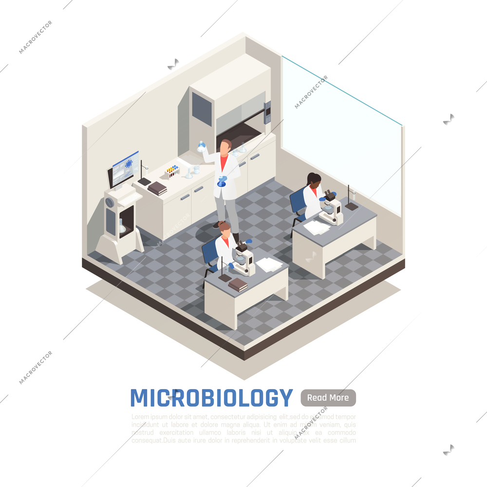 Isometric composition with scientists working in microbiology laboratory 3d vector illustration