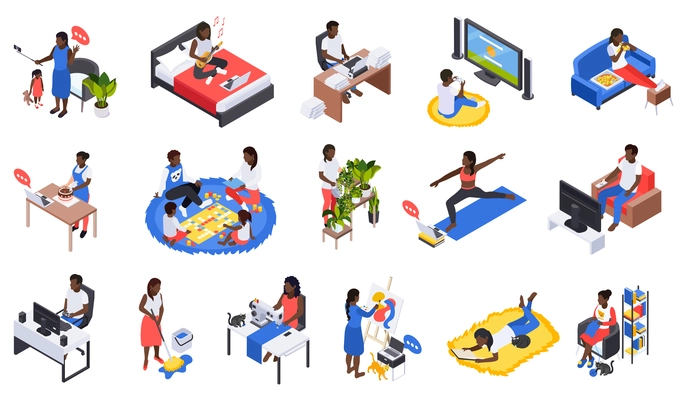 Family staying home playing with kids sewing cooking reading working distantly learning drawing isometric set vector illustration