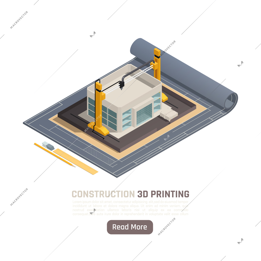 3d printing isometric composition with plan of building construction vector illustration