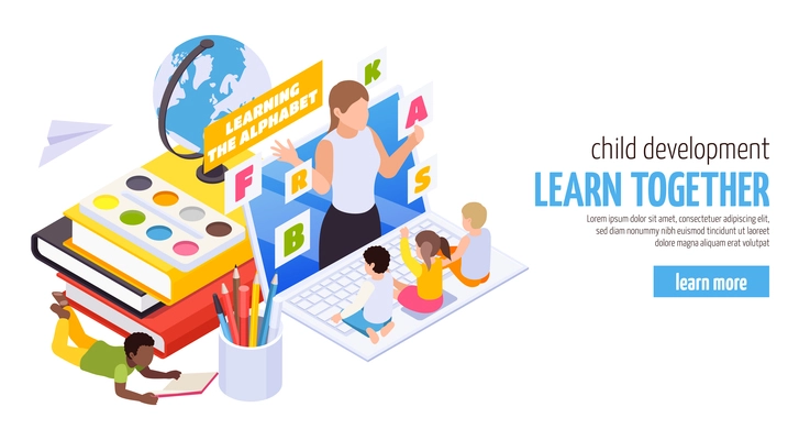 Child care development home study isometric web banner with kindergarten online abc distant learning course vector illustration