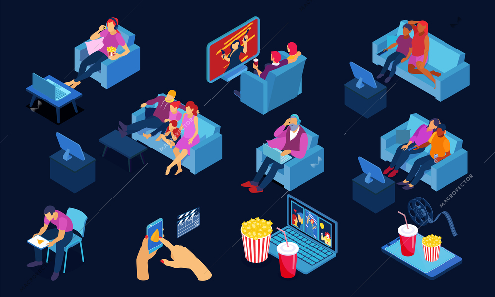 Families singles watching movie home online on led cinema screen laptop isometric dark background set  vector illustration