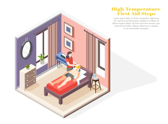 High temperature concept with first aid steps symbols isometric vector illustration