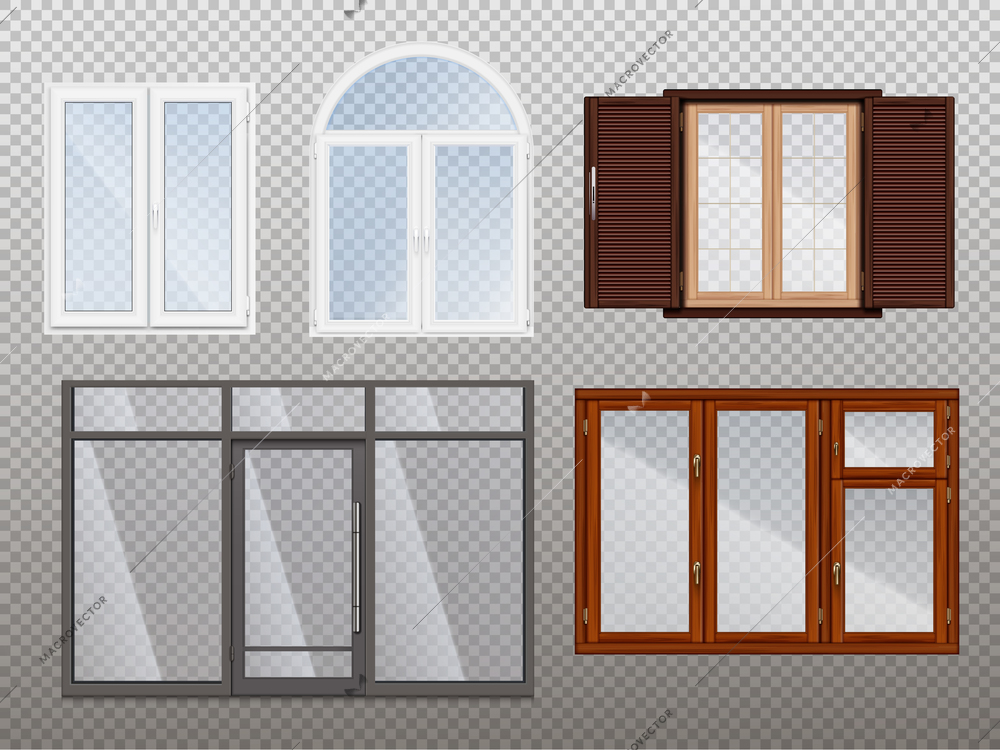 Windows realistic transparent icon set with different styles and colors wooden and plastic vector illustration