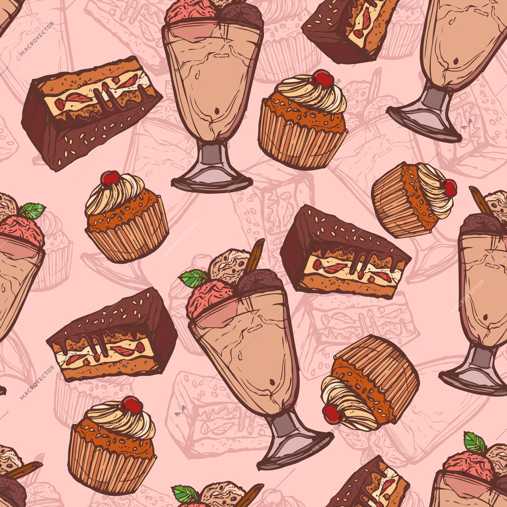 Sketch sweets dessert seamless pattern with layered cake ice cream vector illustration.