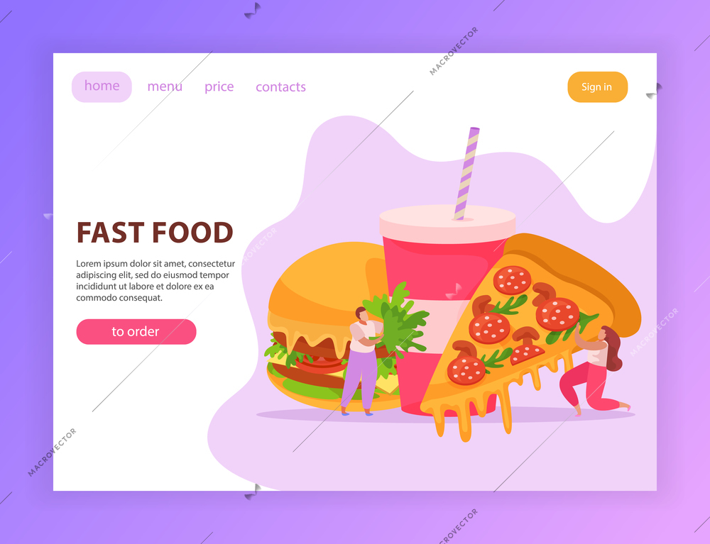 Flat fast food composition with burger drink man and woman holding piece of pizza vector illustration