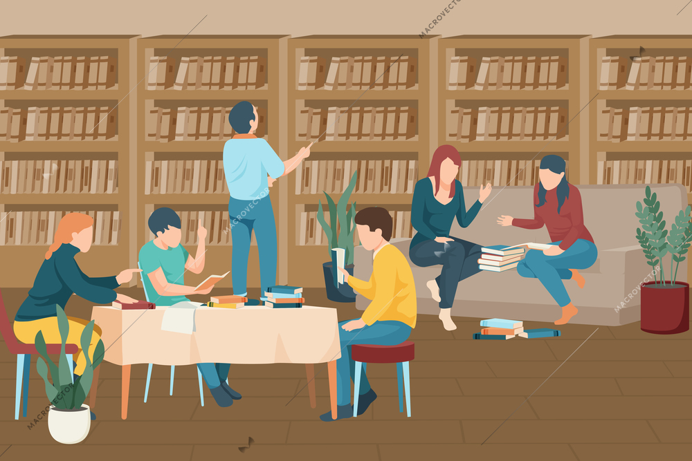 Flat composition with modern students studying together in library vector illustration