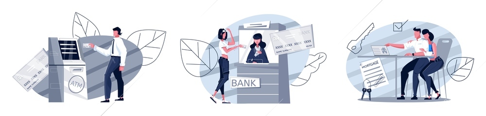 Set of three isolated bank compositions with flat human characters of workers with clients and paperwork vector illustration