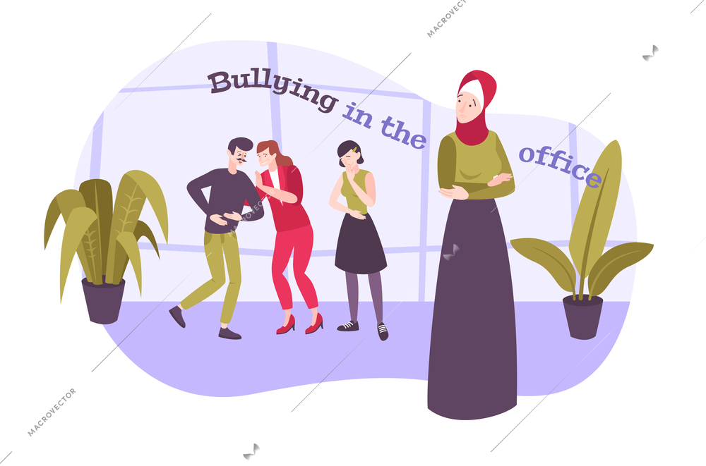 Bullying work flat composition with text and character of muslim woman being bullied by her coworkers vector illustration