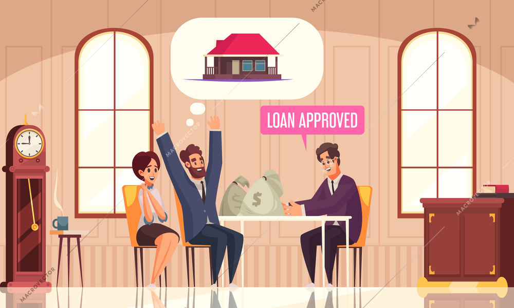 Mortgage credit family composition with bank branch interior agent and happy couple getting money for loan vector illustration