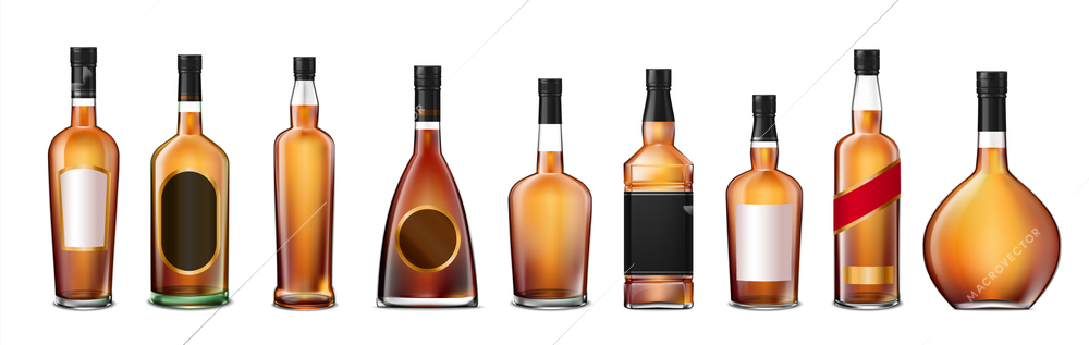 Set with isolated brandy cognac whiskey full glass bottles realistic images with labels on blank background vector illustration