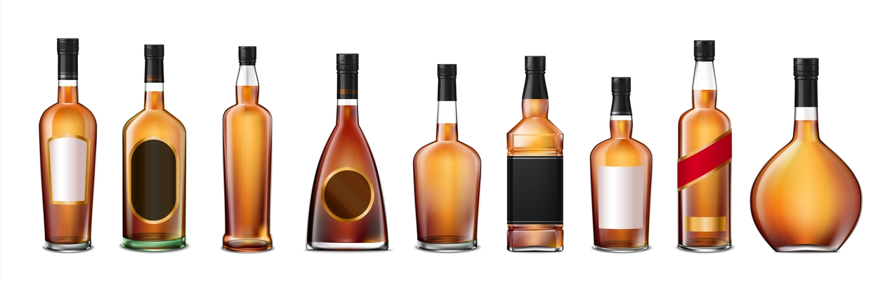 Set with isolated brandy cognac whiskey full glass bottles realistic images with labels on blank background vector illustration