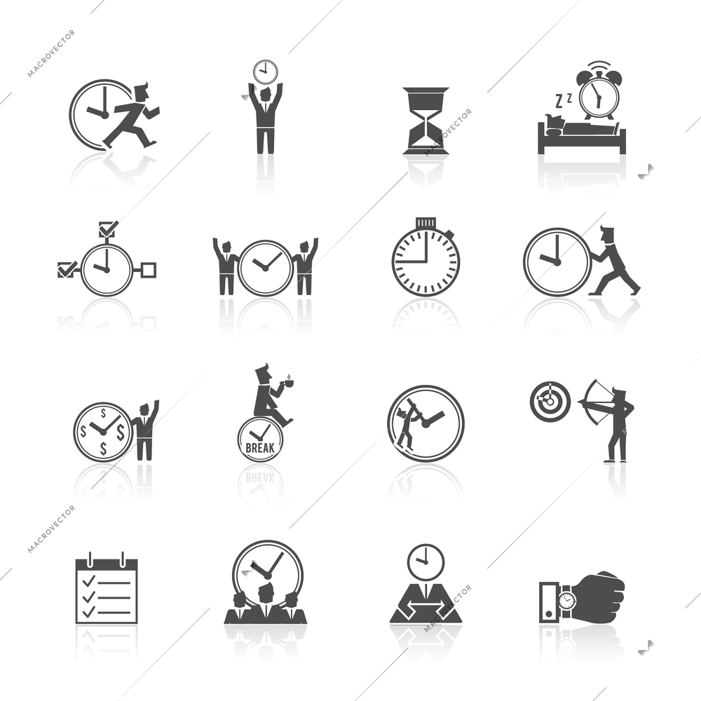 Time managing individual and team activities strategies icons set with effective goal planning symbols isolated vector illustration