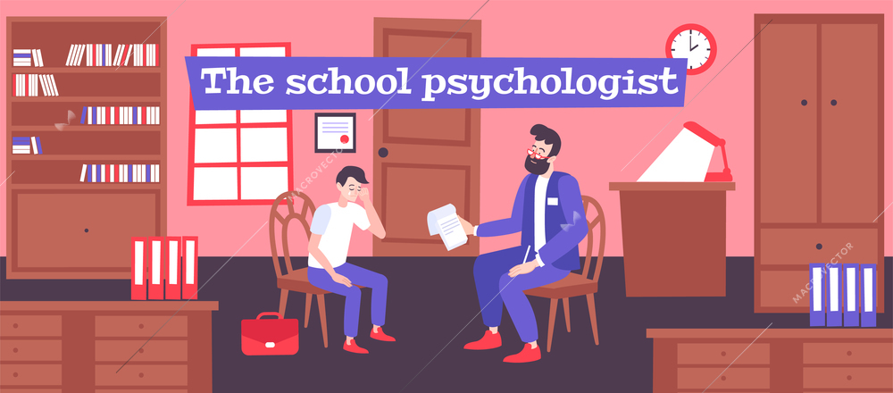 Psychologist help school flat composition with human characters of therapist and pupil having conversation in office vector illustration