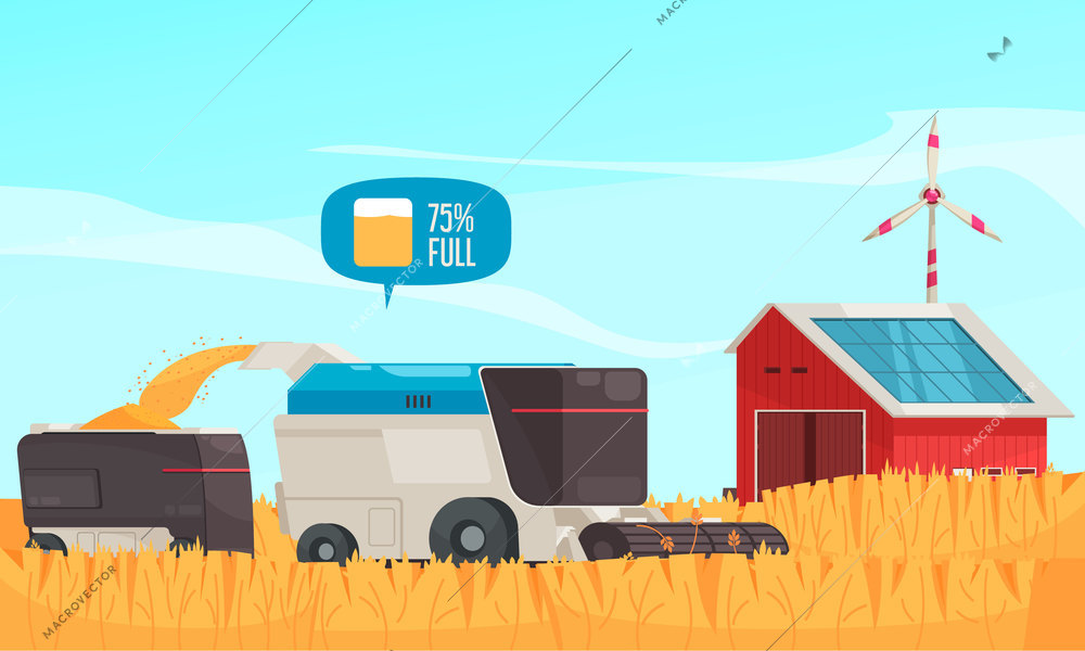 Smart farm composition with outdoor field scenery and automated harvester machines and barn with solar batteries vector illustration