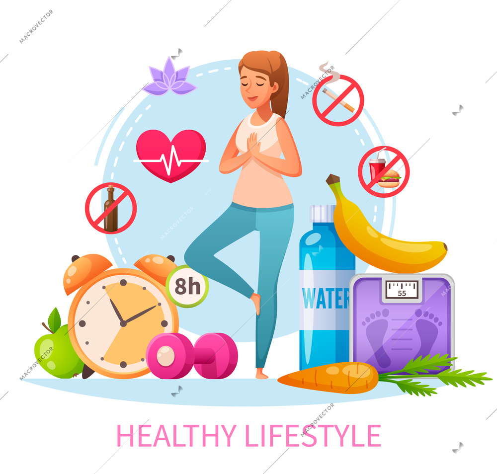 Healthy lifestyle habits cartoon composition with nonsmoking woman practice stress relieving yoga 8h sleep diet vector illustration