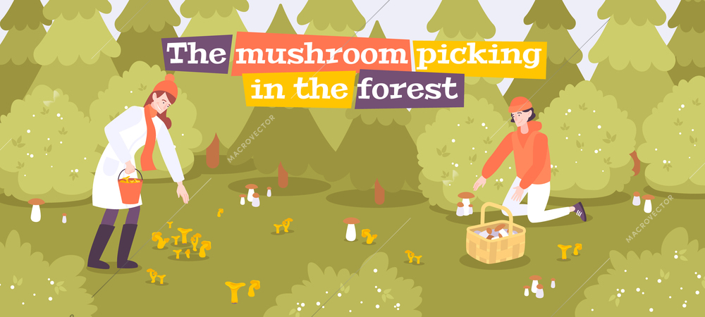 Mushrooms people forest composition with outdoor landscape and human characters seeking for mushrooms with editable text vector illustration