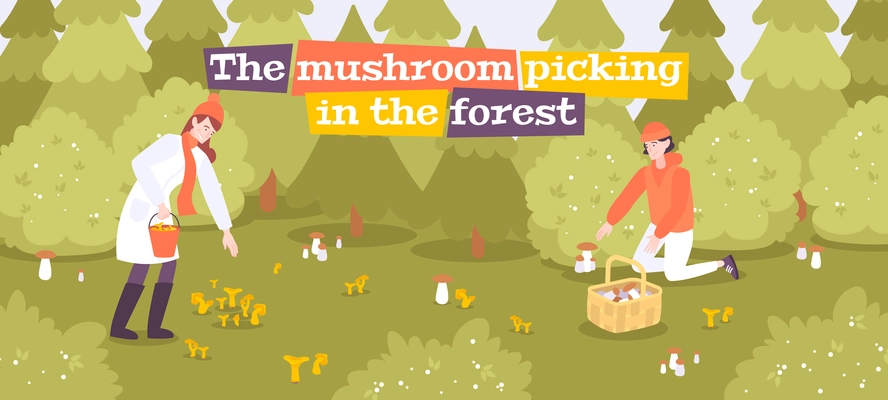 Mushrooms people forest composition with outdoor landscape and human characters seeking for mushrooms with editable text vector illustration