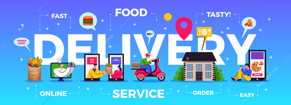 Food delivery service horizontal blue background with big white letters and online shopping small colored icons flat vector illustration