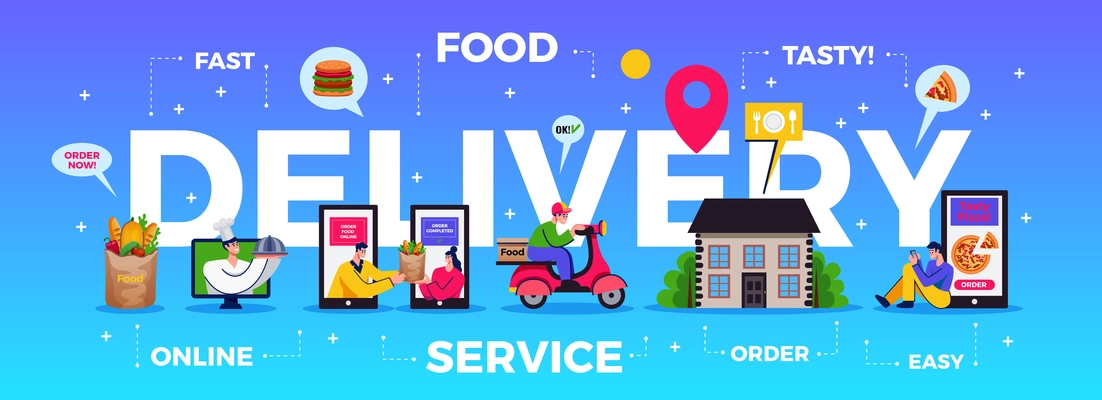 Food delivery service horizontal blue background with big white letters and online shopping small colored icons flat vector illustration