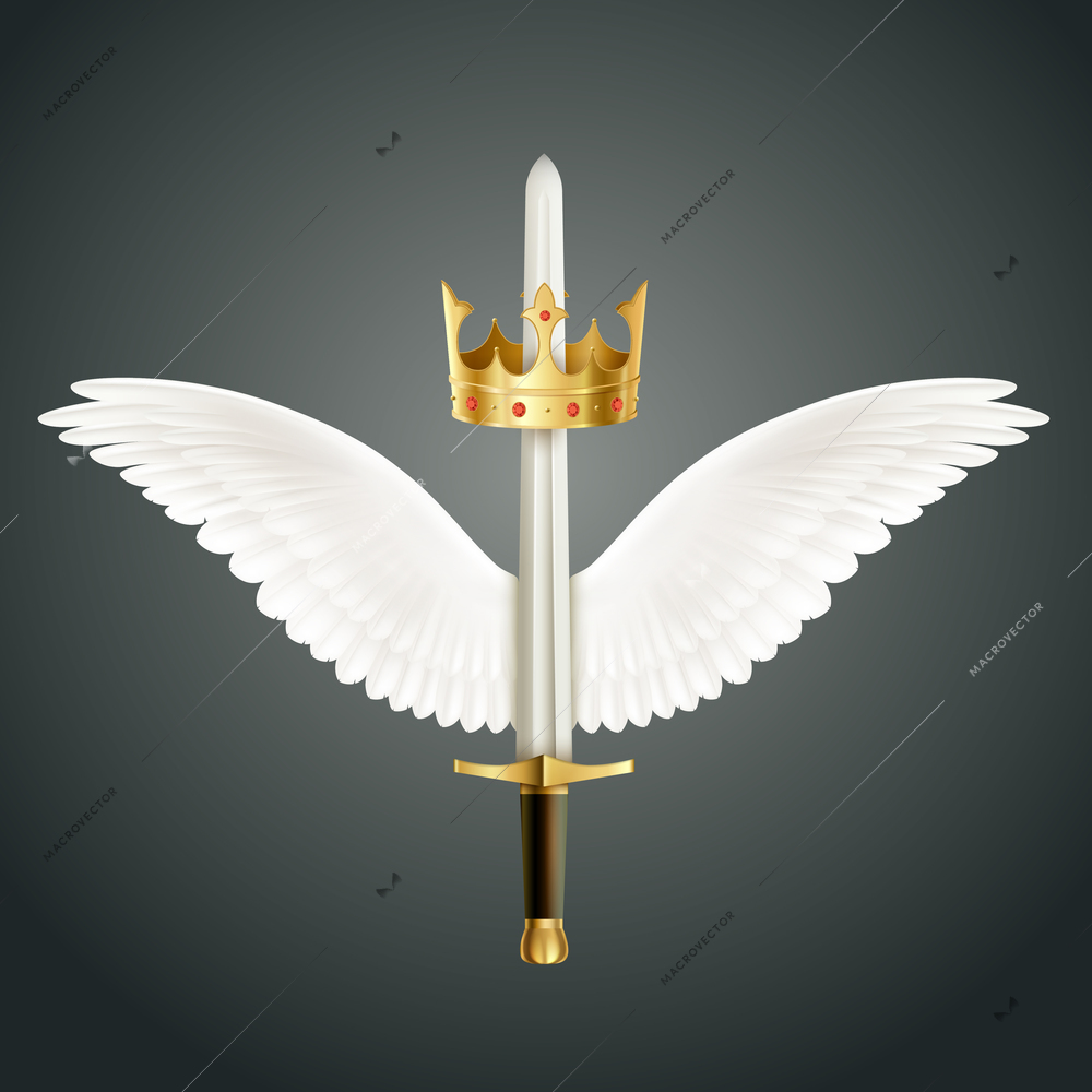 Sword accompanied by wings and crown realistic design symbolizing guardian angel protection  against dark background vector illustration