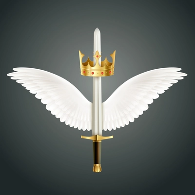 Sword accompanied by wings and crown realistic design symbolizing guardian angel protection  against dark background vector illustration