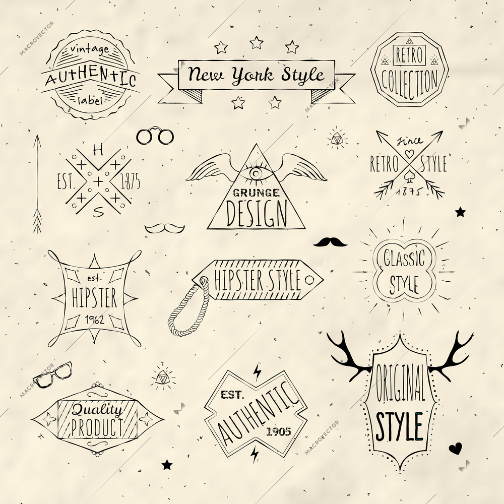 High quality premium retro  classic hipster grunge trademark emblems labels set doodle sepia sketch isolated vector illustration