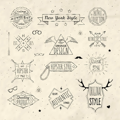 High quality premium retro  classic hipster grunge trademark emblems labels set doodle sepia sketch isolated vector illustration